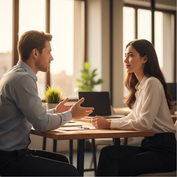 Colleagues practicing active listening during a professional conversation