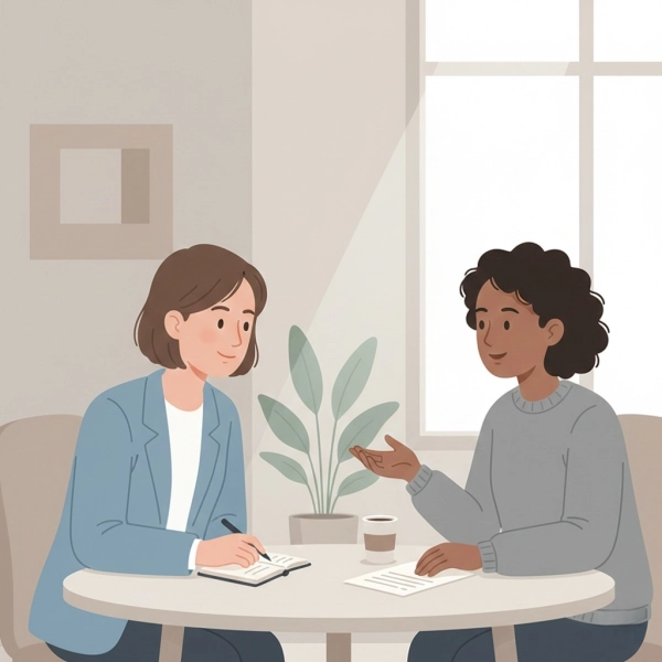 Active listening with eye contact, attention, and thoughtful engagement