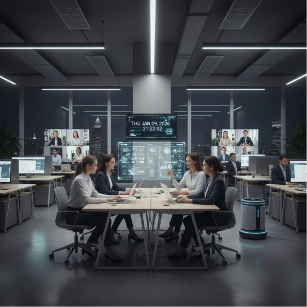 Modern workplace showing employees adapting to change and new work environments