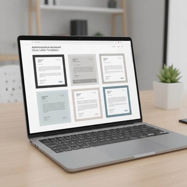Examples of administrative assistant cover letters displayed on a laptop