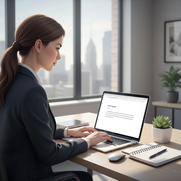 Administrative assistant writing a professional cover letter on a laptop in a modern office