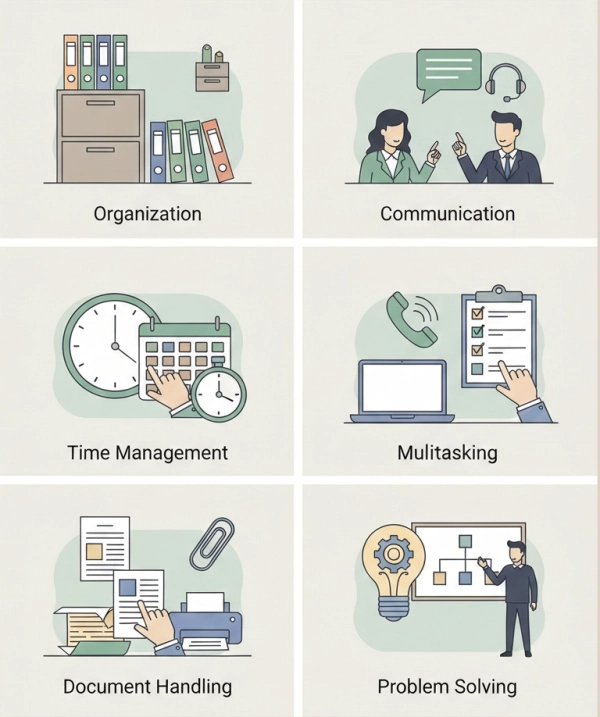 Key administrative assistant skills such as organization, communication, and time management
