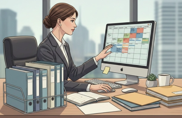 Administrative assistant organizing schedules, documents, and office communication