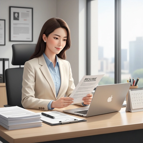 Administrative assistant reviewing a professional resume that highlights organization and multitasking skills