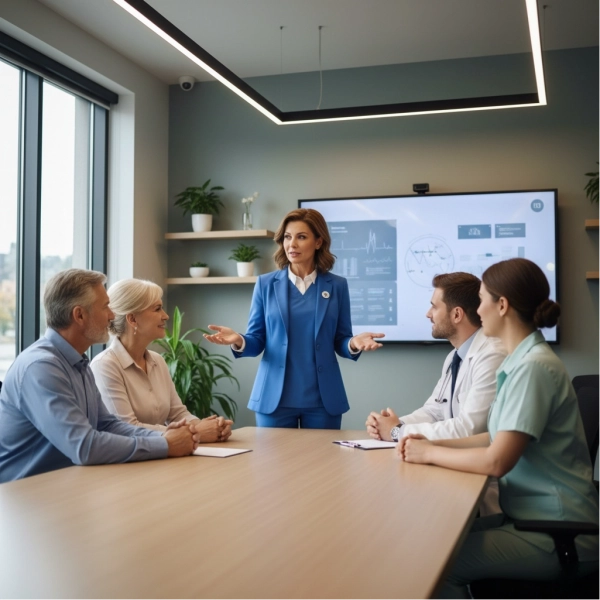 Advanced practice nurse or nurse leader consulting with patients and healthcare team