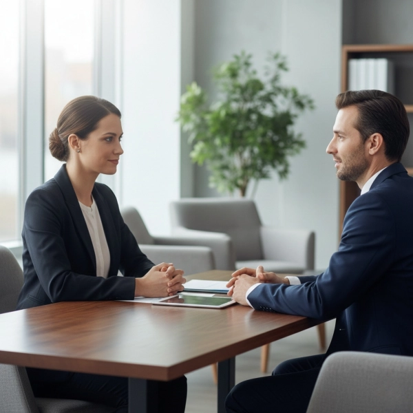 Employee confidently discussing promotion with manager in a professional meeting