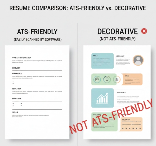 ATS-friendly resume compared to decorative template with graphics and icons