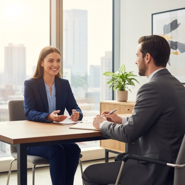 Job candidate answering behavioral interview questions in a professional interview setting