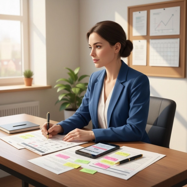 Professional preparing behavioral interview stories with checklist and planner