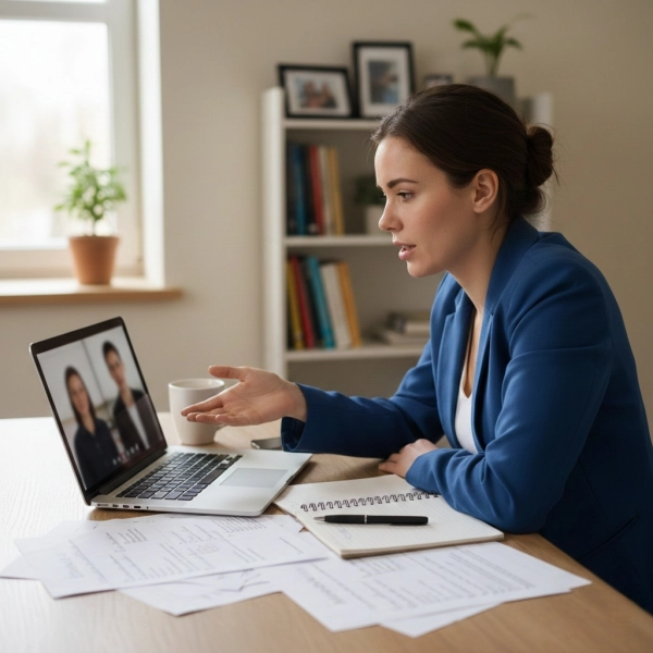Candidate practicing behavioral interview answers using notes and laptop