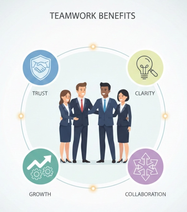 Visual representation of the benefits of feedback such as trust, clarity, accountability, and collaboration