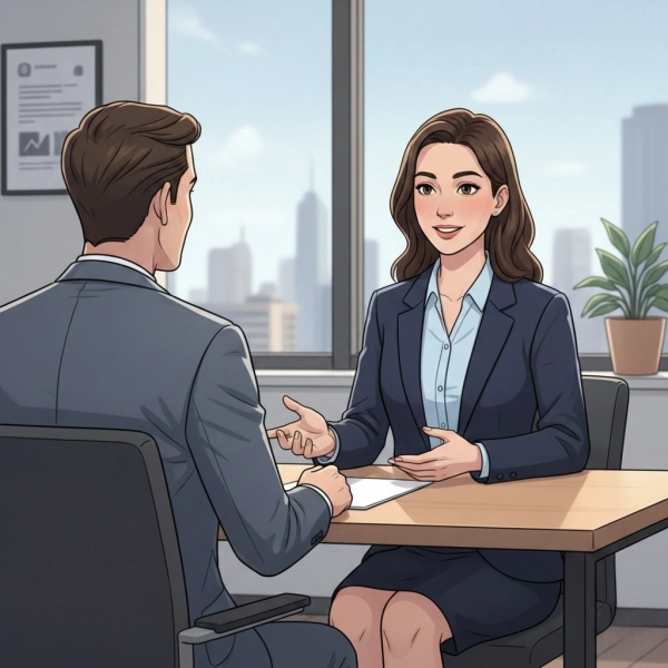 Body language in a job interview showing confident posture, eye contact, and professional non-verbal communication