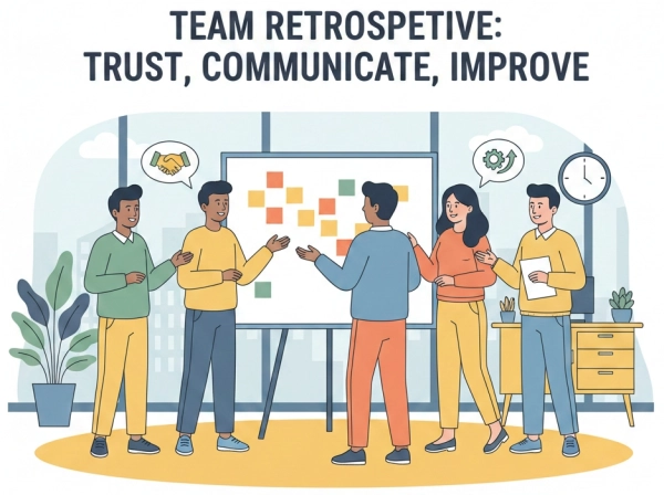 Team holding a regular feedback or retrospective meeting in a positive work environment