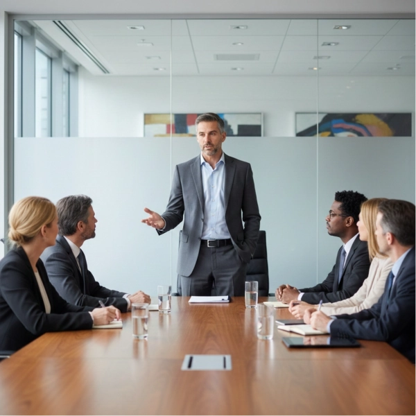 Confident professional staying calm during a high-pressure meeting