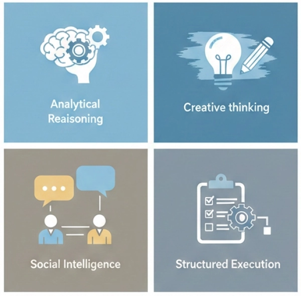Diagram illustrating core career aptitudes such as analytical creative social and structured thinking