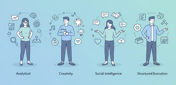 Career aptitude test illustration showing different natural strengths and thinking patterns