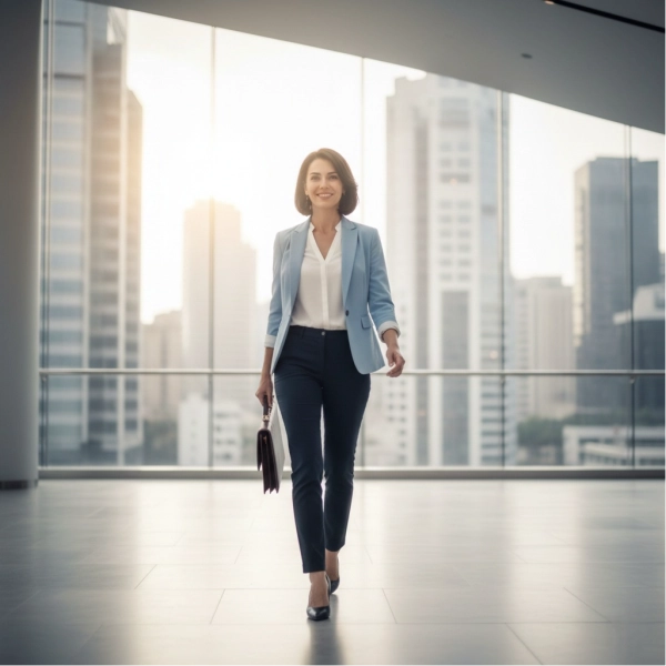 Confident professional stepping into a new career opportunity after a career change