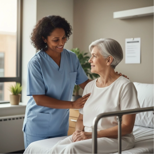 Certified nursing assistant helping a patient with daily care in a healthcare facility