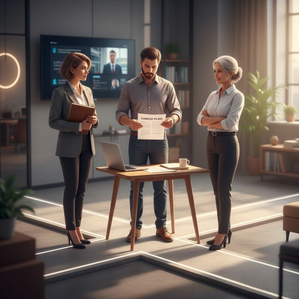 Changing careers at 30, 40, and 50 showing professionals at different life stages planning new career paths
