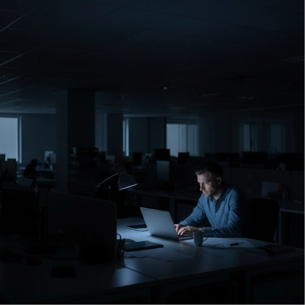 Overworked employee staying late in an unhealthy work culture