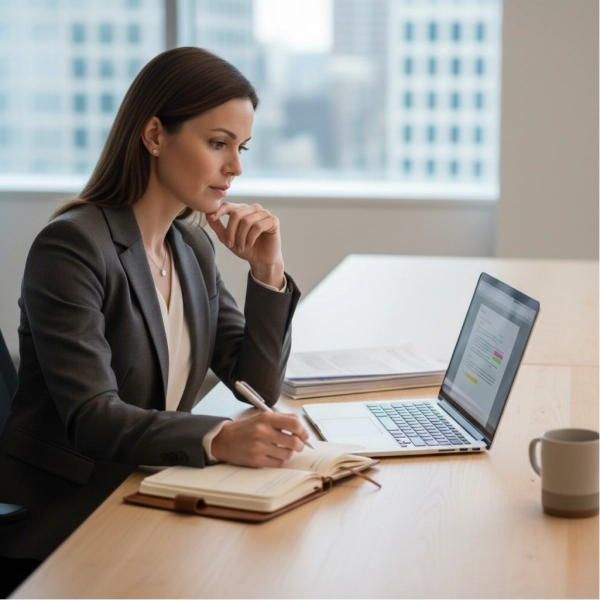 Employee reviewing and clarifying performance feedback with notes and questions