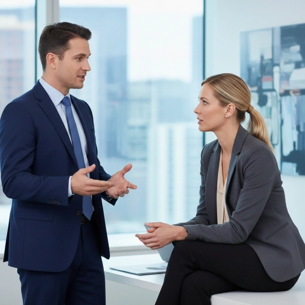 Two colleagues communicating confidently and listening attentively in a meeting