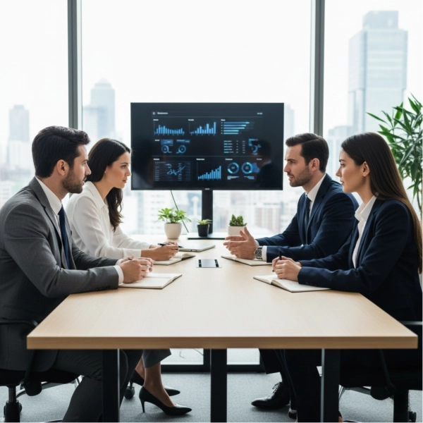 Professionals communicating clearly and confidently in a modern workplace