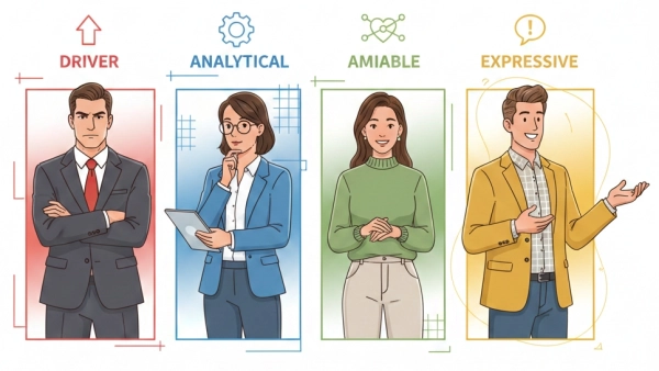 Common workplace personality types including analytical, driver, amiable, and expressive
