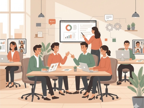 Professionals communicating and collaborating effectively in a remote or hybrid work environment