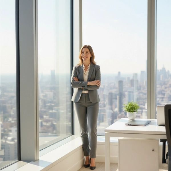 Professional standing confidently, symbolizing growth and self-belief at work