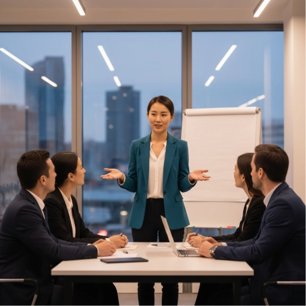 Confident professional using positive body language in workplace communication