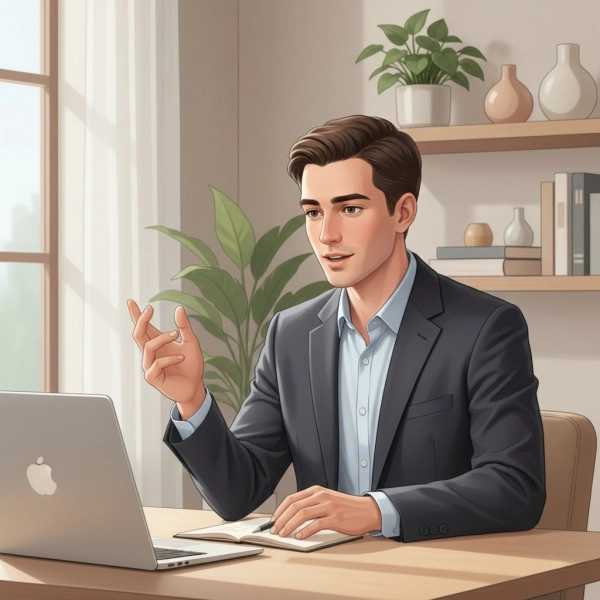 Job candidate answering interview questions with confident posture and natural hand gestures