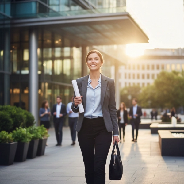 Confident career changer leaving an interview with positive outcome