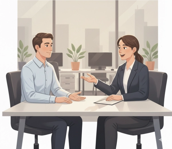 Confident candidate answering tell me about yourself in a job interview