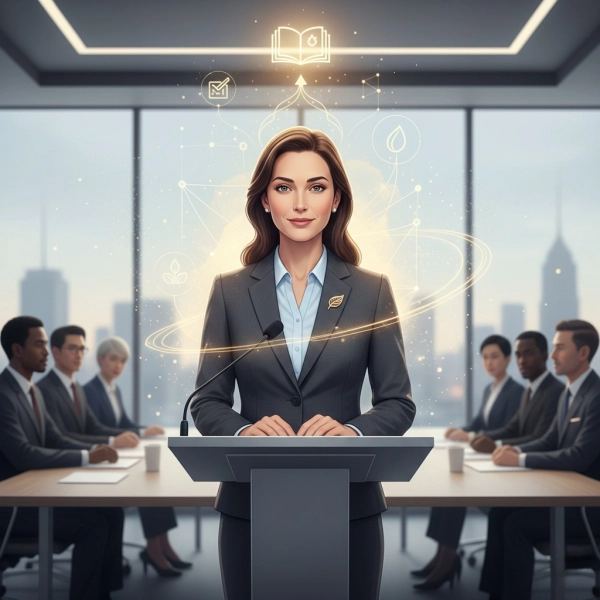 Confident speaker reflecting growth and mastery in public speaking skills