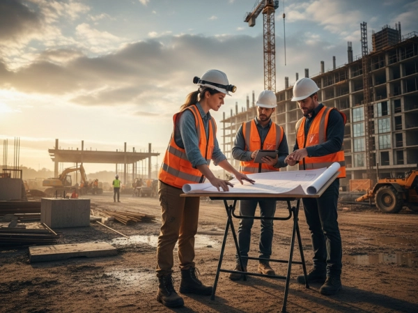 Construction project manager overseeing work at a construction site