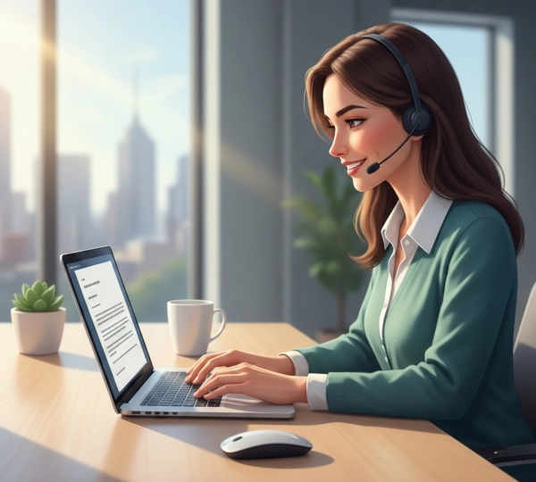 Customer service professional writing a cover letter on a laptop in a modern workspace