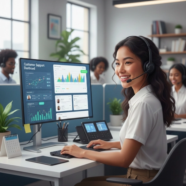 Entry-level customer service representative assisting customers via phone and live chat