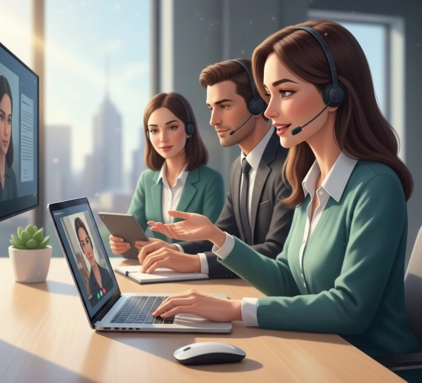 Customer service agent communicating professionally with a customer and team