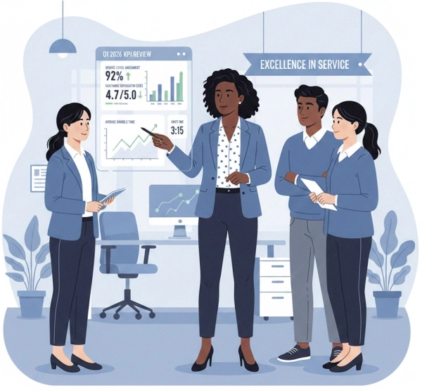 Customer service supervisor leading a support team and reviewing performance metrics