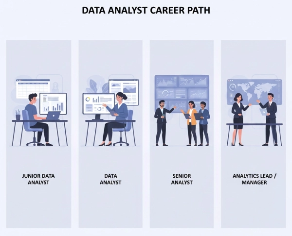 Overview of the data analyst career path from entry-level to senior and specialized roles