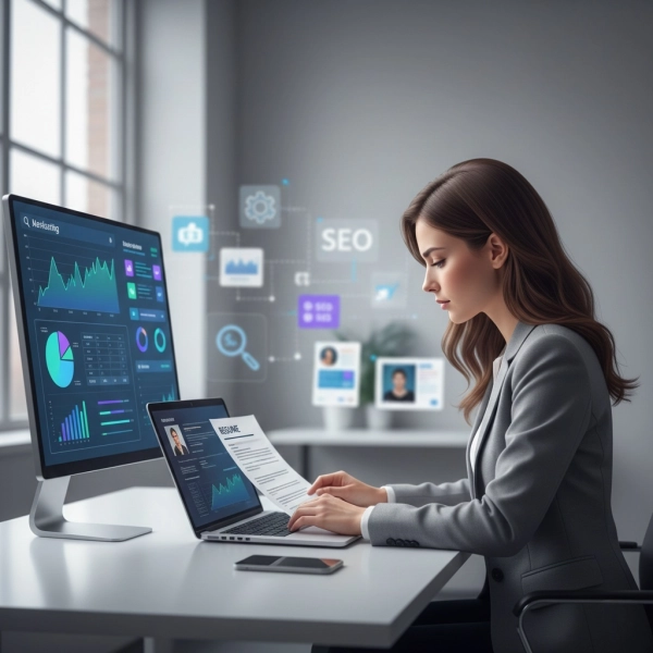 Digital marketer reviewing a metrics-driven resume with analytics dashboards and marketing tools
