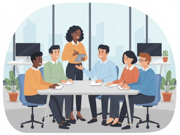 Illustration of a team collaborating and exchanging positive feedback in a modern workplace