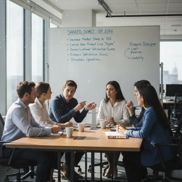 Team discussion applying persuasion techniques to gain agreement