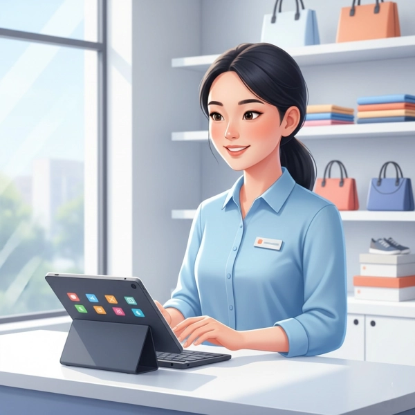 Entry-level sales associate or retail assistant learning POS systems and customer service