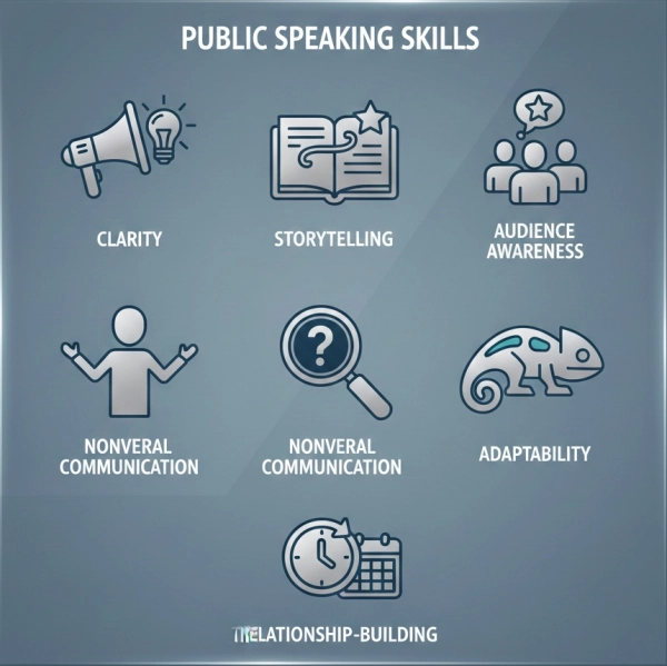 Icons representing essential public speaking skills for professionals