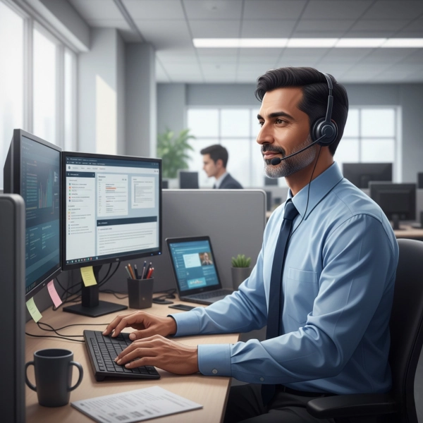 Experienced call center customer service representative using CRM tools and headset