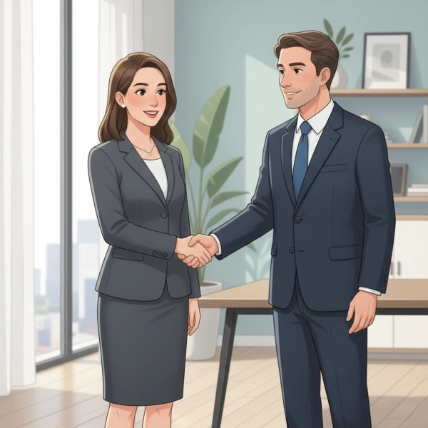 Confident job candidate entering an interview room and offering a professional handshake