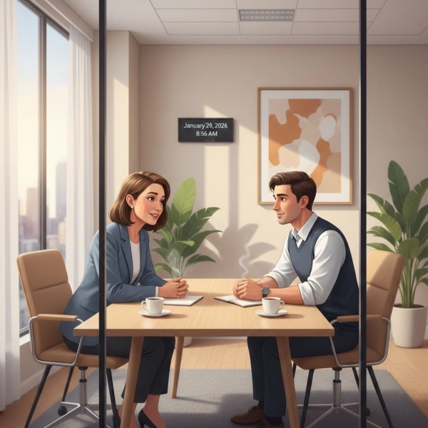 Manager providing constructive feedback to an employee during a private meeting