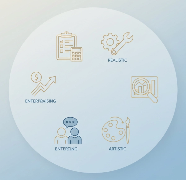 Holland Code RIASEC illustration showing six career interest personality types